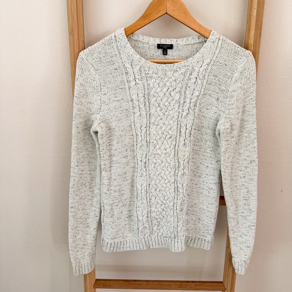 Talbots Petite Blue Cream Cable Knit Cotton Crew Neck Sweater SP Small